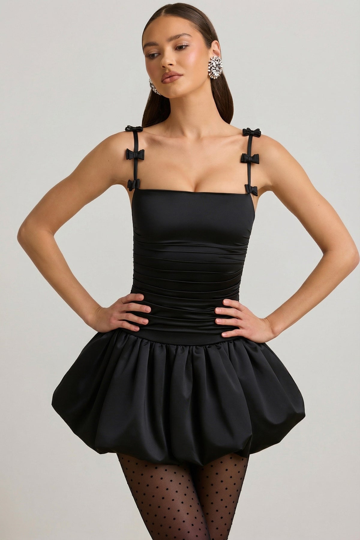 Bow-Detail Ruched Bubble Hem Mini Dress in Black