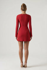 Sweetheart-Neck Long-Sleeve A-Line Mini Dress in Red