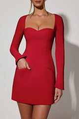 Sweetheart-Neck Long-Sleeve A-Line Mini Dress in Red