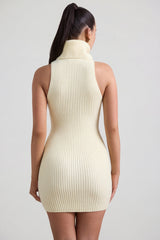 Ribbed-Knit Turtleneck Mini Dress in Butter Yellow