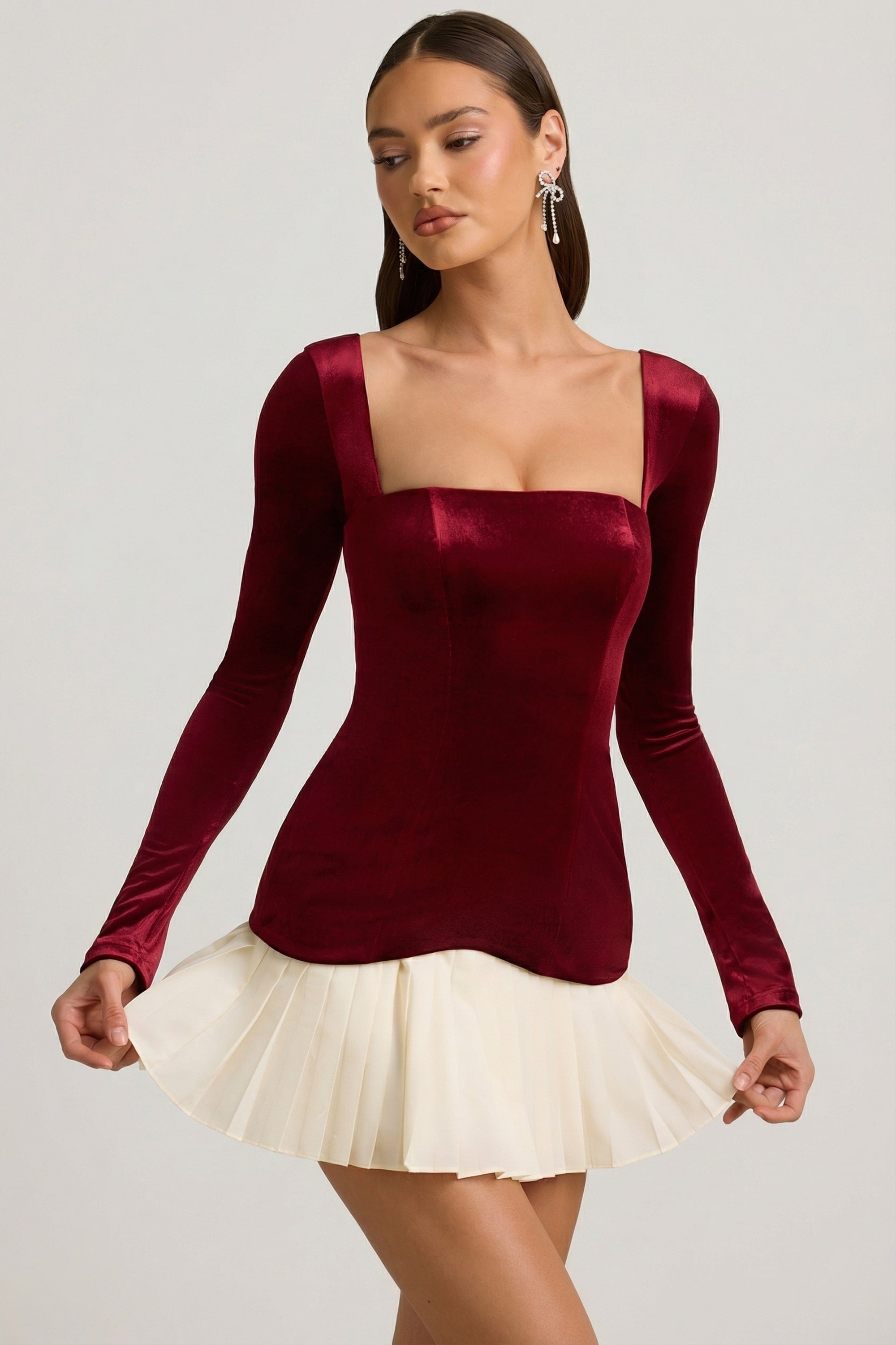 Layered Pleated Corset Mini Dress in Wine Red