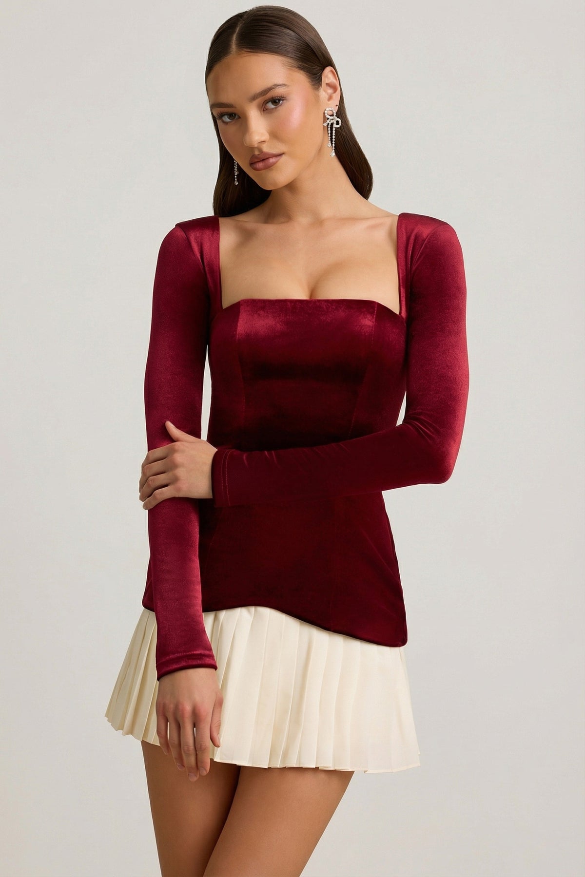 Layered Pleated Corset Mini Dress in Wine Red