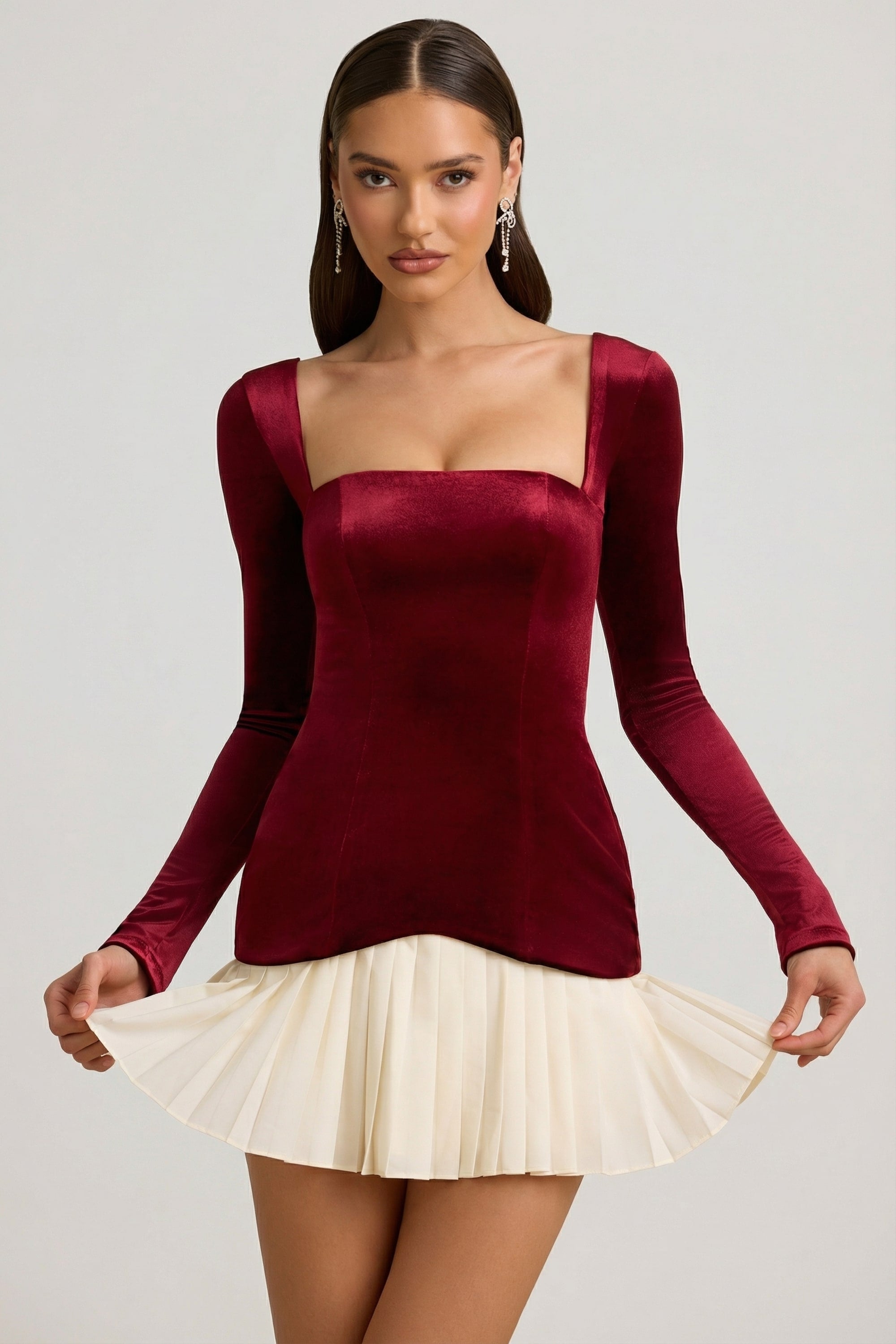 Layered Pleated Corset Mini Dress in Wine Red