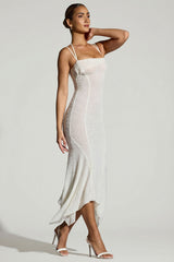 Embellished Handkerchief Hem Maxi Dress in White