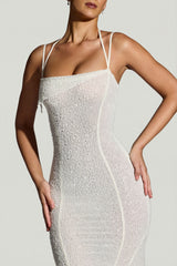 Embellished Handkerchief Hem Maxi Dress in White