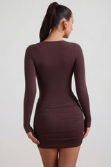 Modal-Cashmere Blend Draped Long-Sleeve Mini Dress in Espresso