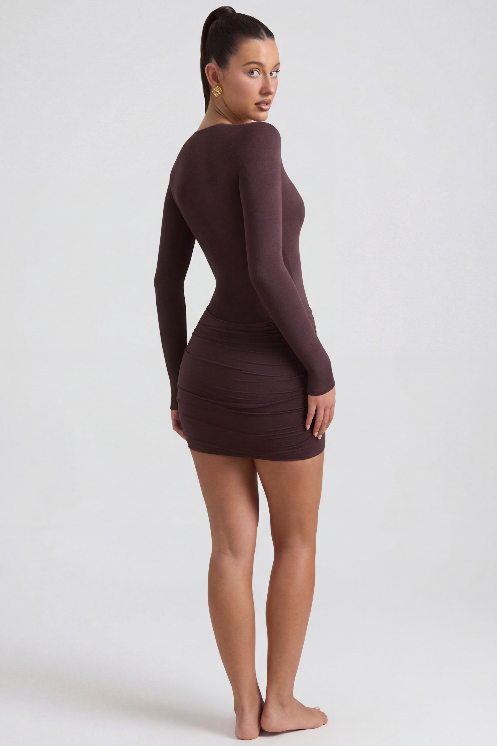 Modal-Cashmere Blend Draped Long-Sleeve Mini Dress in Espresso