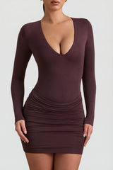 Modal-Cashmere Blend Draped Long-Sleeve Mini Dress in Espresso