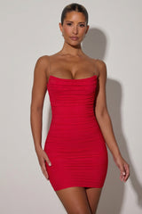 Ruched Backless Bodycon Mini Dress in Red
