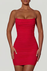 Ruched Backless Bodycon Mini Dress in Red