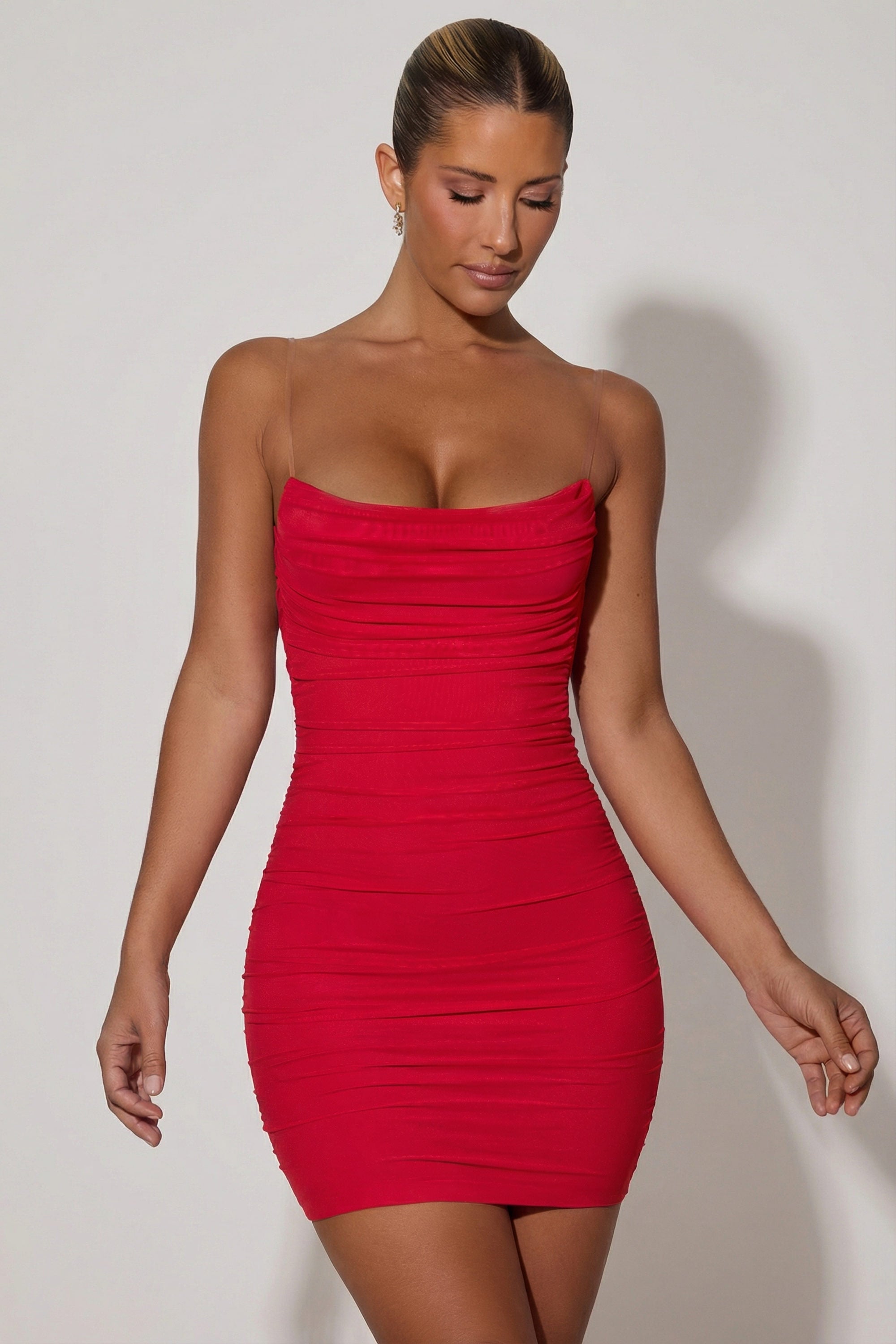 Ruched Backless Bodycon Mini Dress in Red