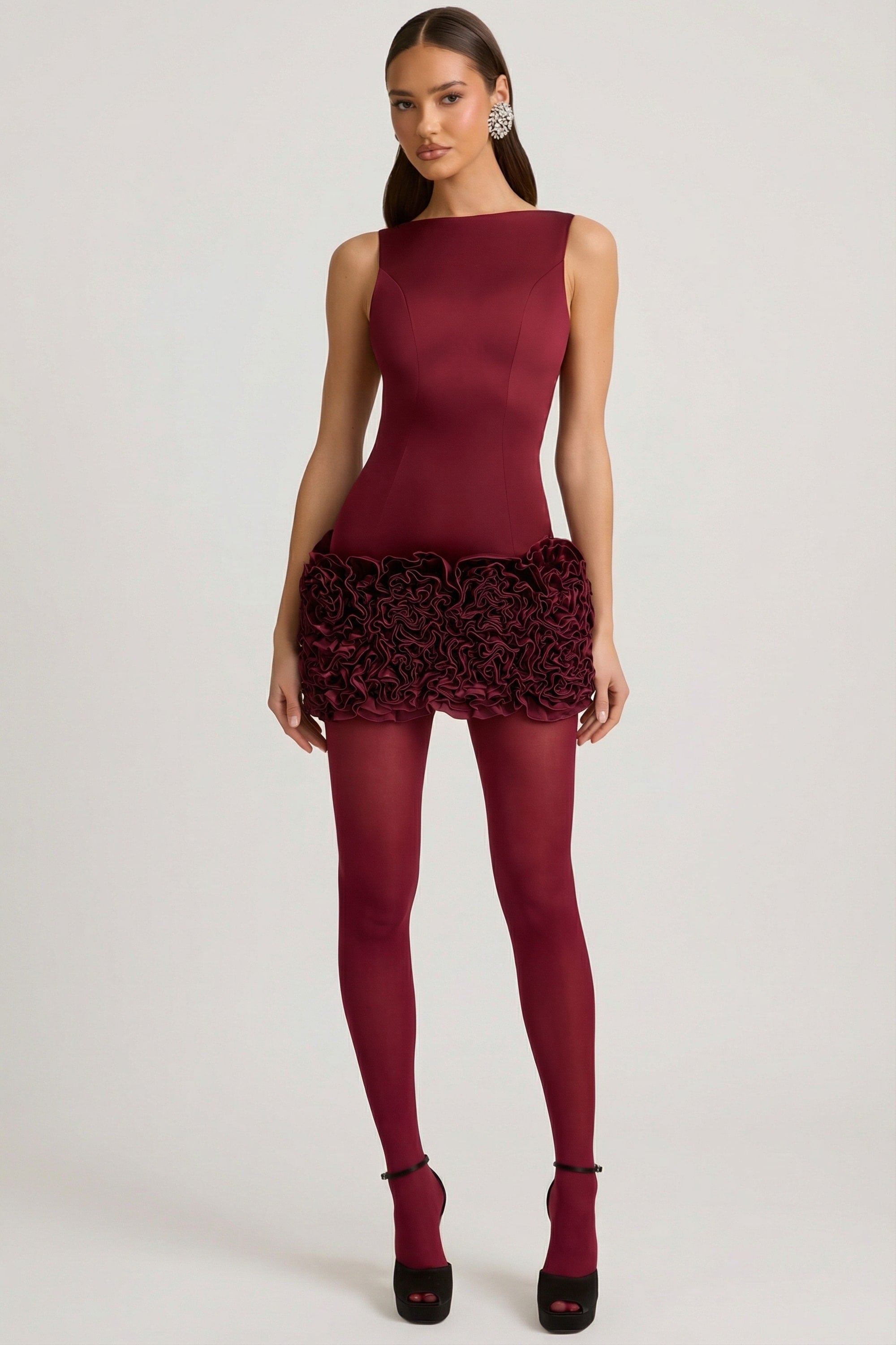 Satin Floral Appliqué Open-Back Mini Dress in Wine Red