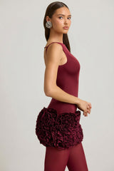 Satin Floral Appliqué Open-Back Mini Dress in Wine Red