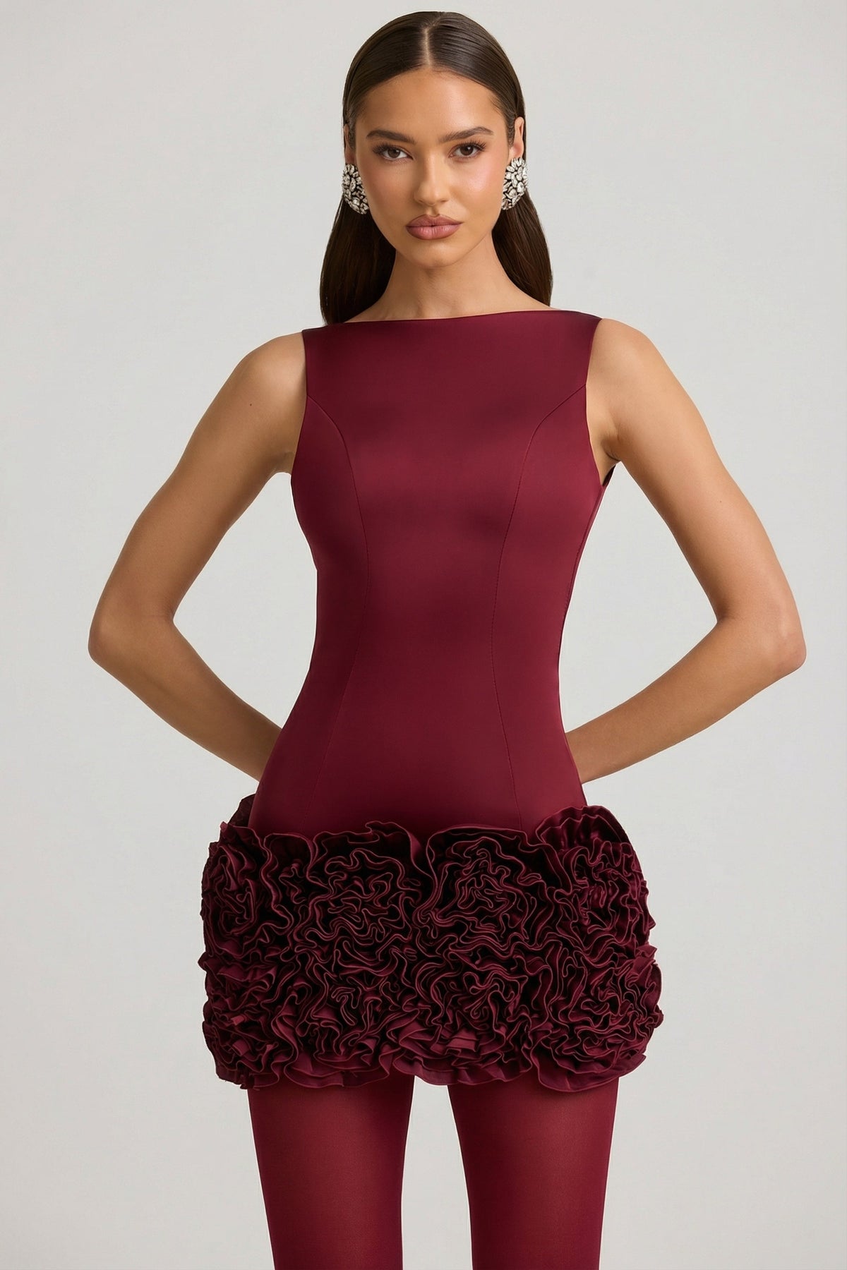 Satin Floral Appliqué Open-Back Mini Dress in Wine Red