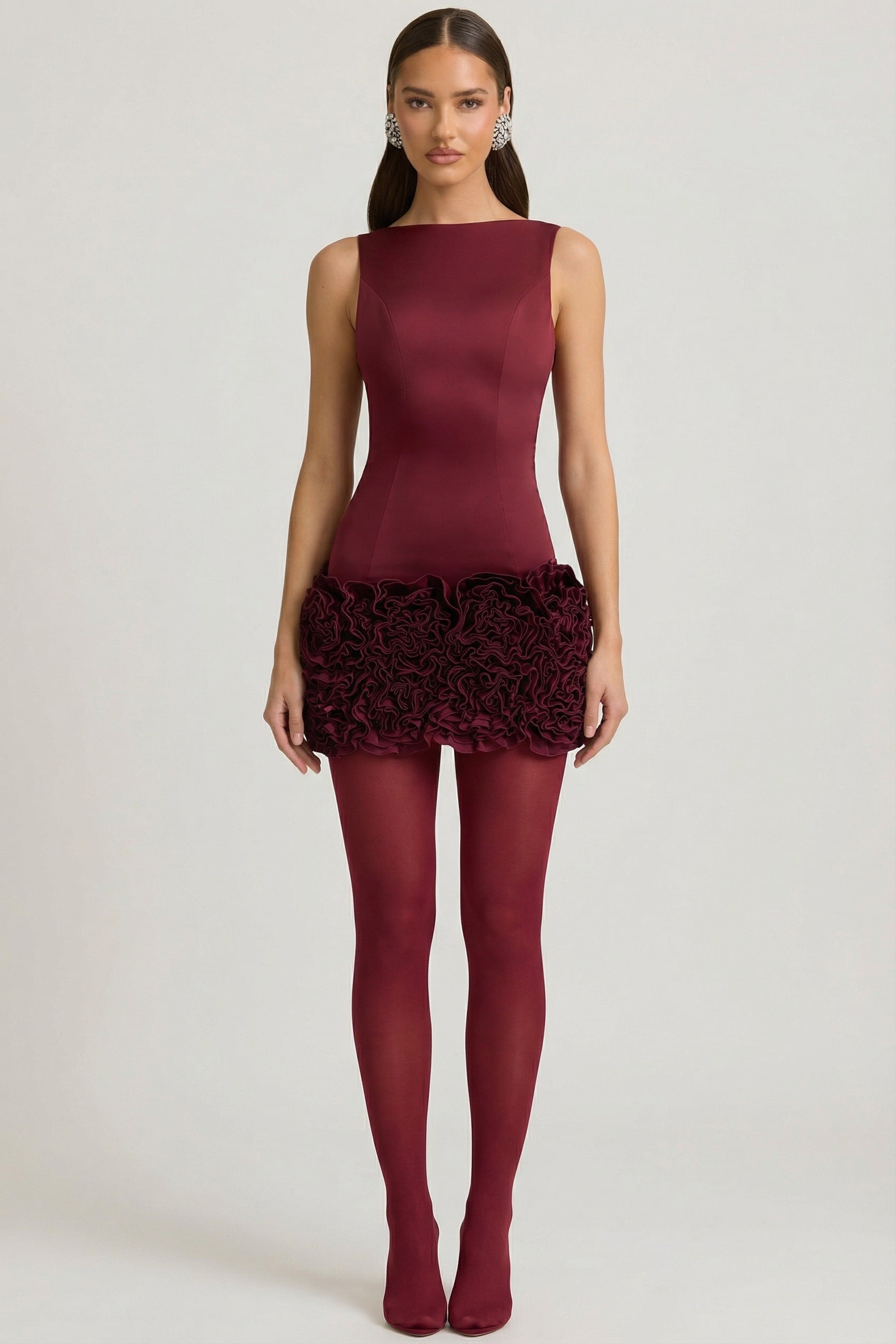 Satin Floral Appliqué Open-Back Mini Dress in Wine Red