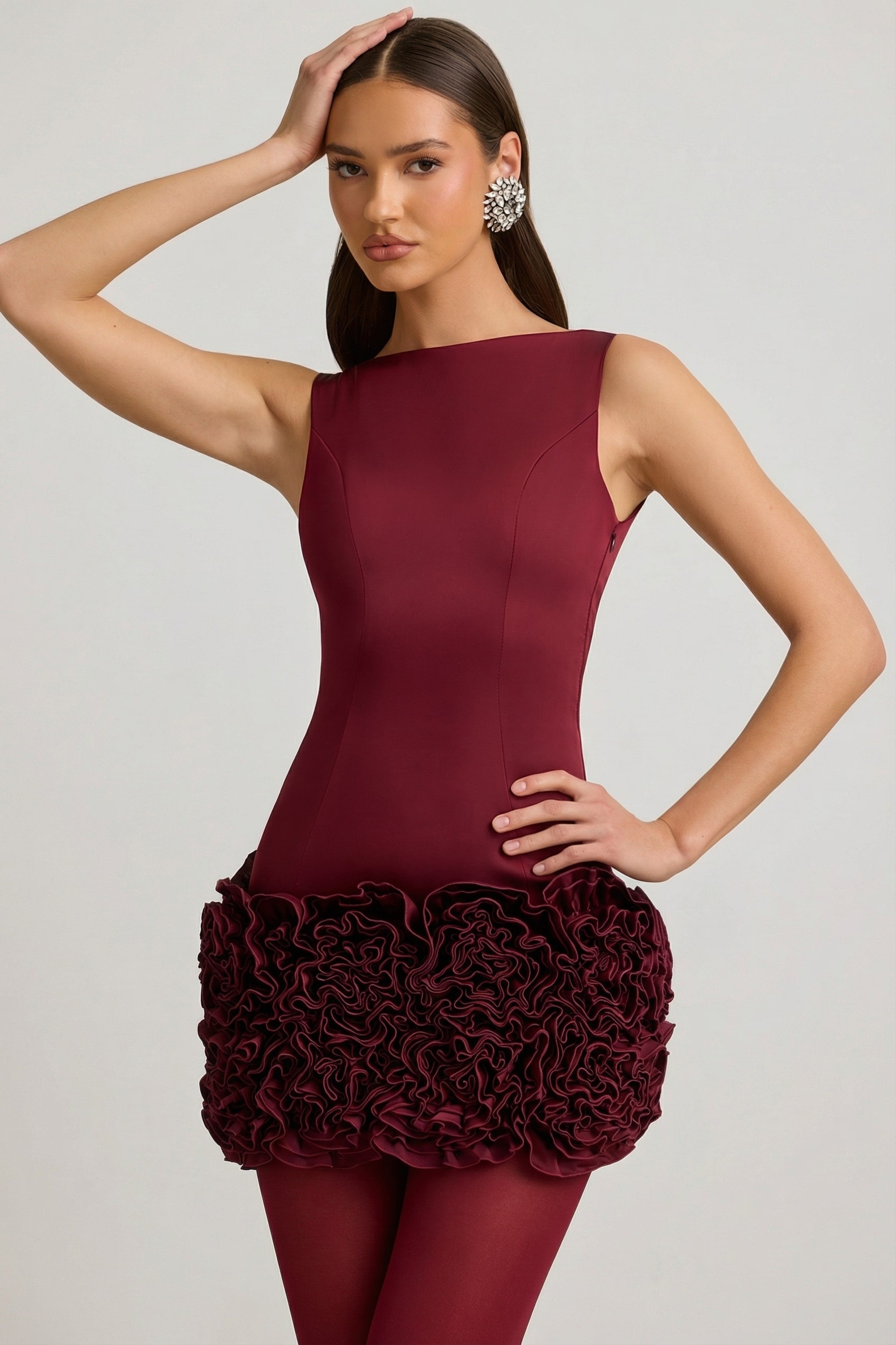 Satin Floral Appliqué Open-Back Mini Dress in Wine Red