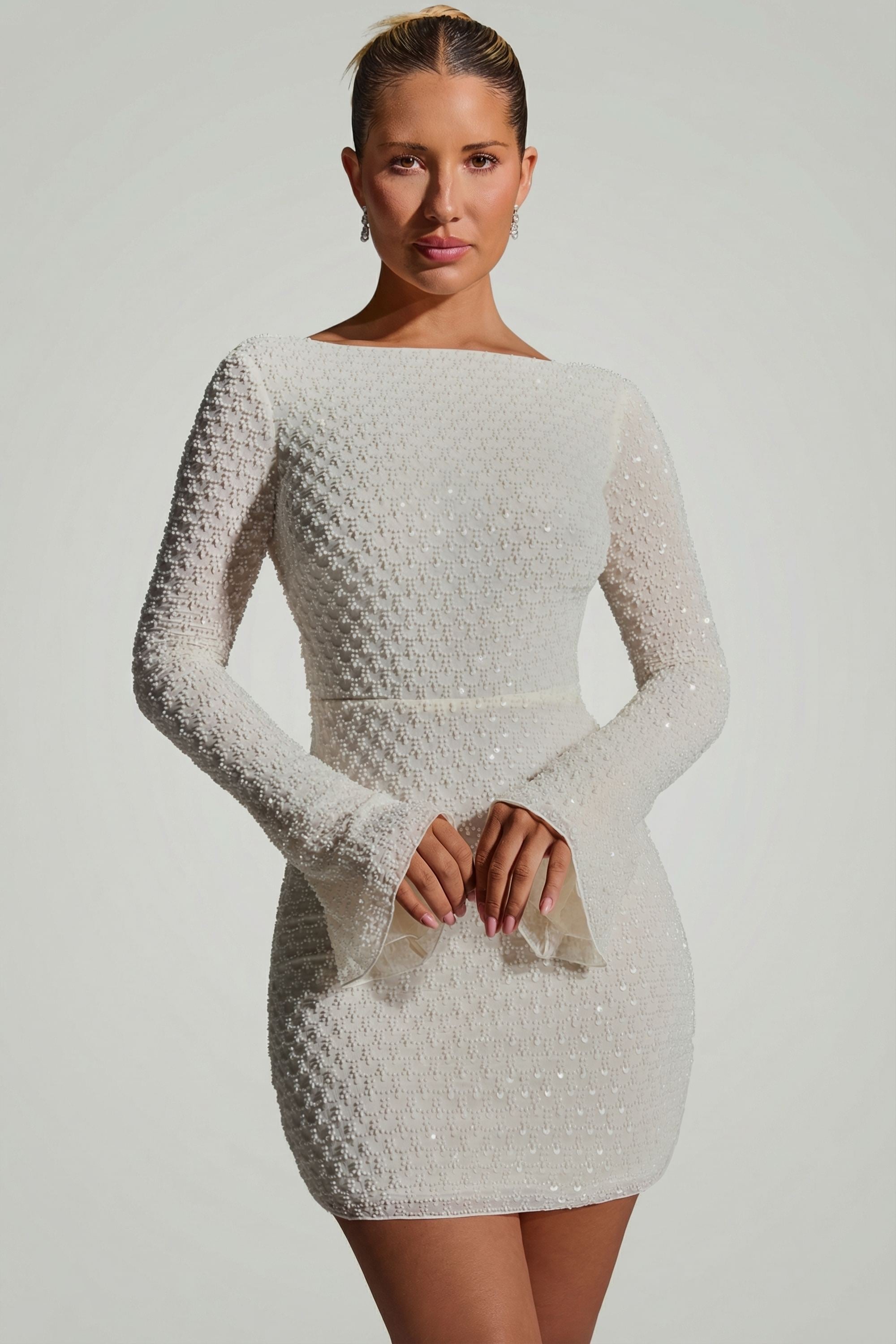 Embellished Open-Back A-Line Mini Dress in White