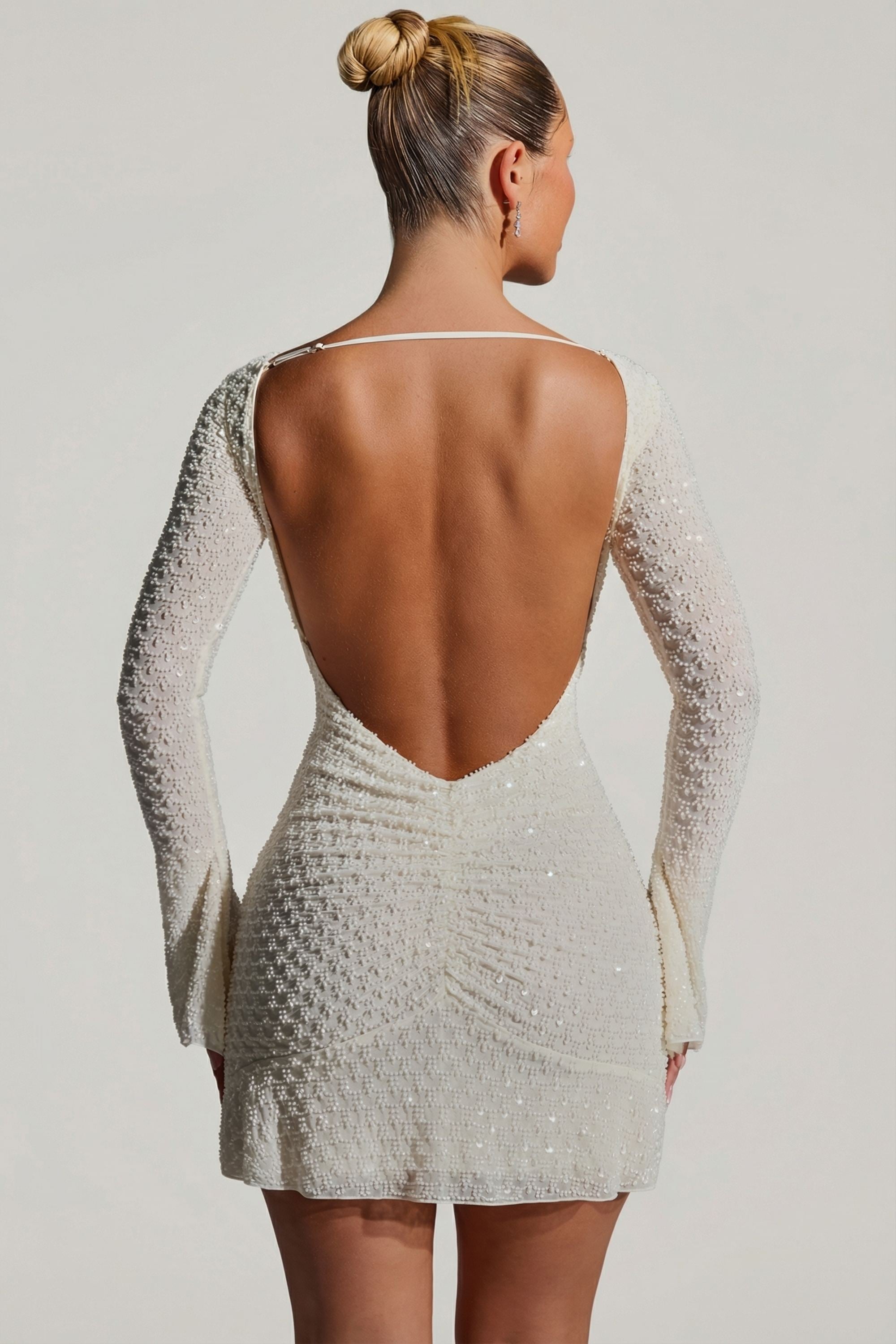Embellished Open-Back A-Line Mini Dress in White