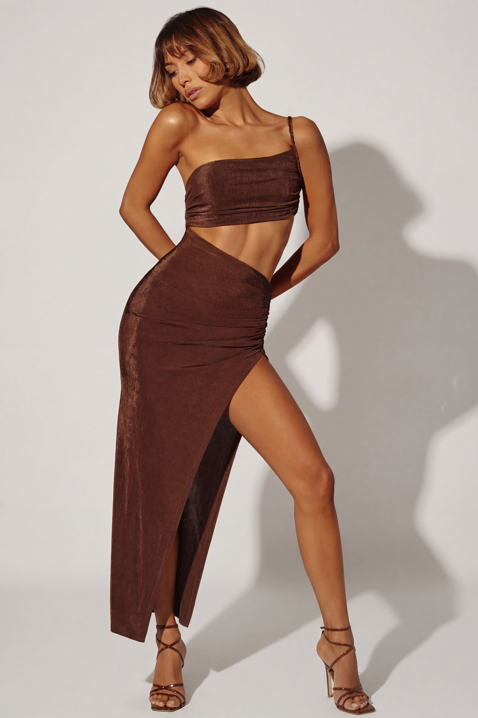One Shoulder Cut Out Maxi Dress in Brown