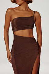 One Shoulder Cut Out Maxi Dress in Brown