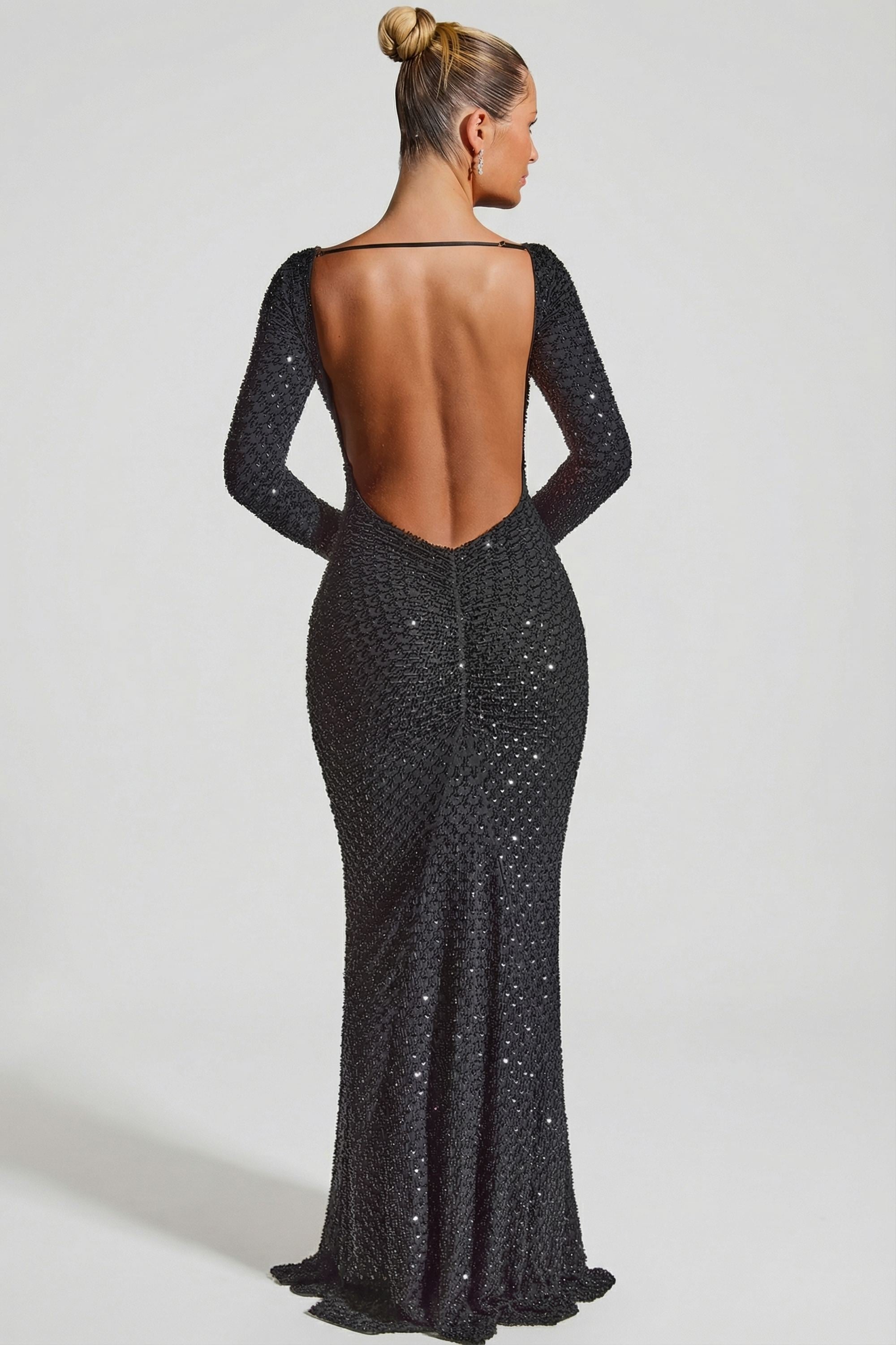 Embellished Open-Back Gown in Black