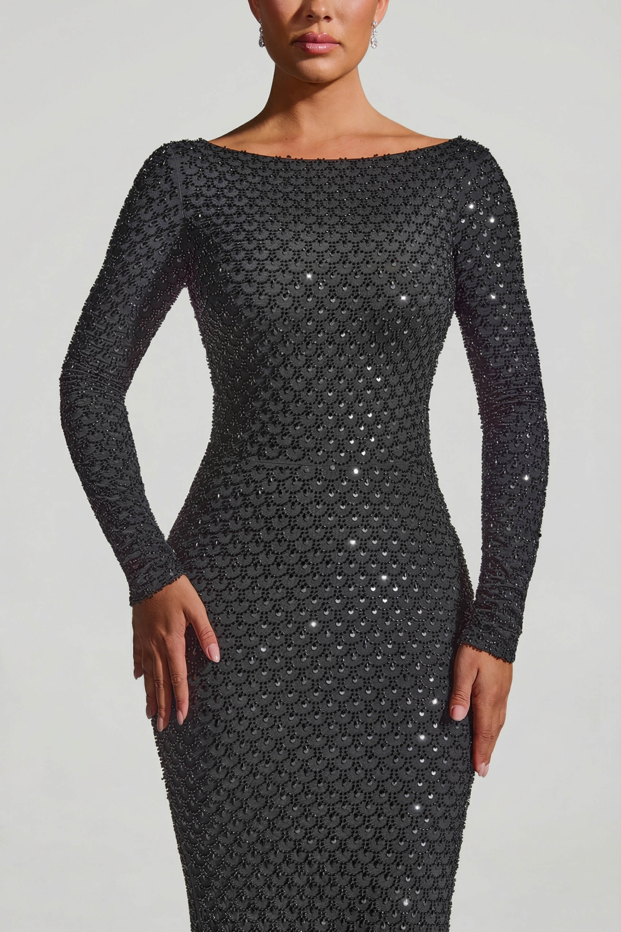 Embellished Open-Back Gown in Black