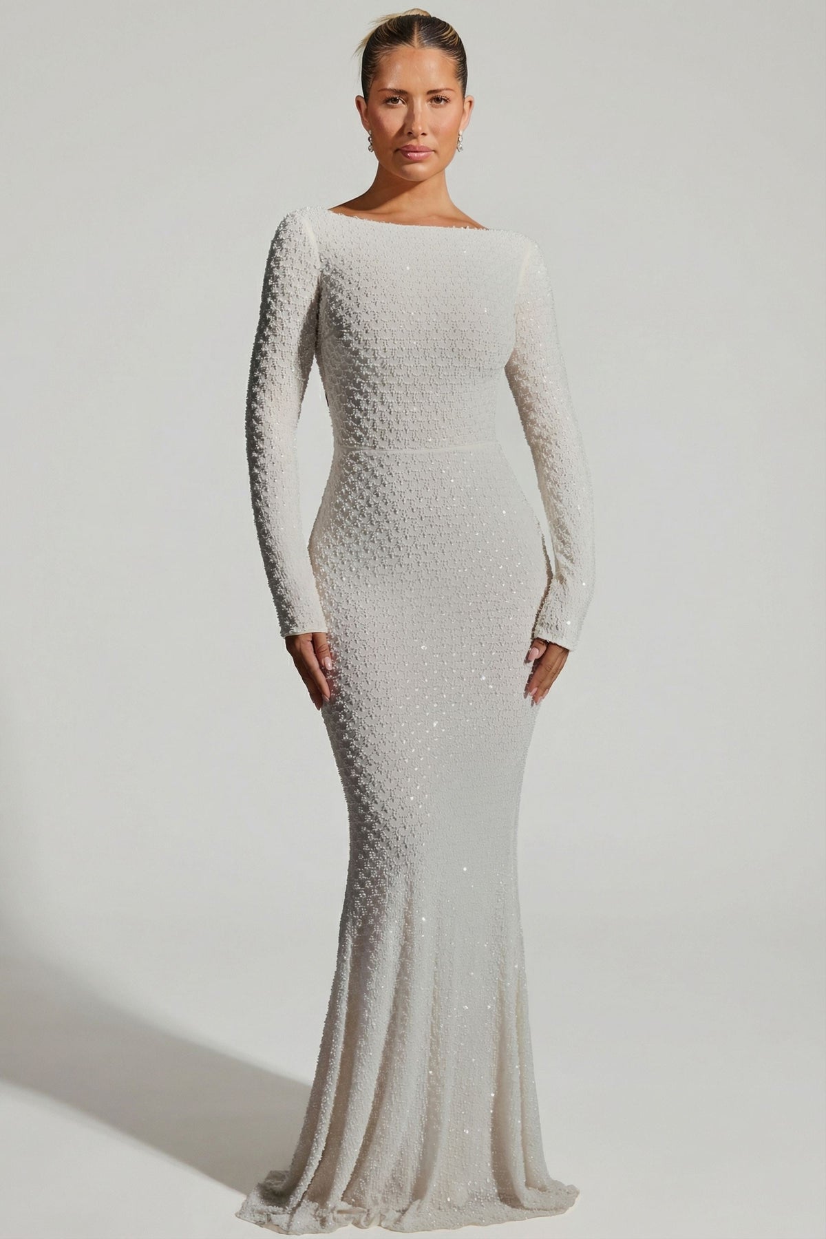 Embellished Open-Back Gown in White