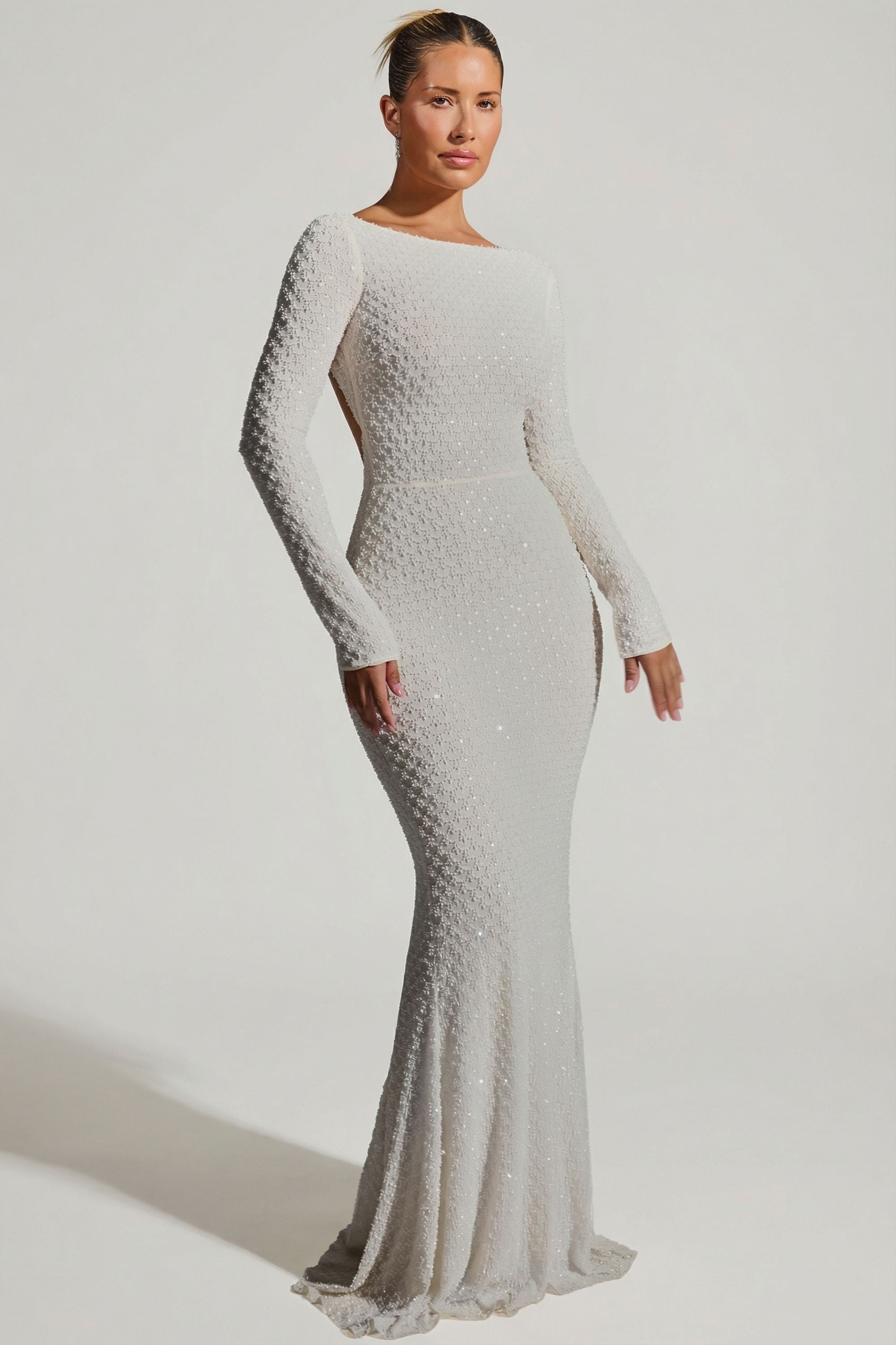 Embellished Open-Back Gown in White