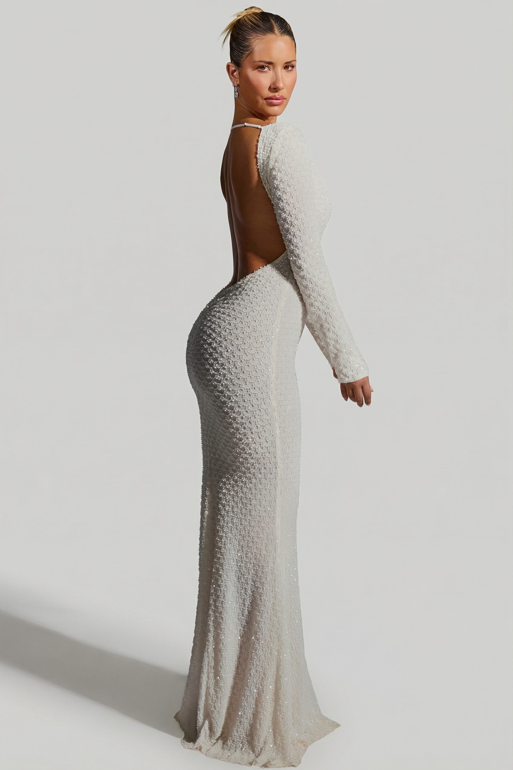 Embellished Open-Back Gown in White
