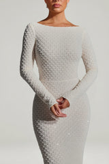 Embellished Open-Back Gown in White