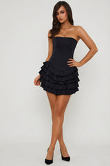 Bandeau Ruffled Tiered Corset Mini Dress in Black