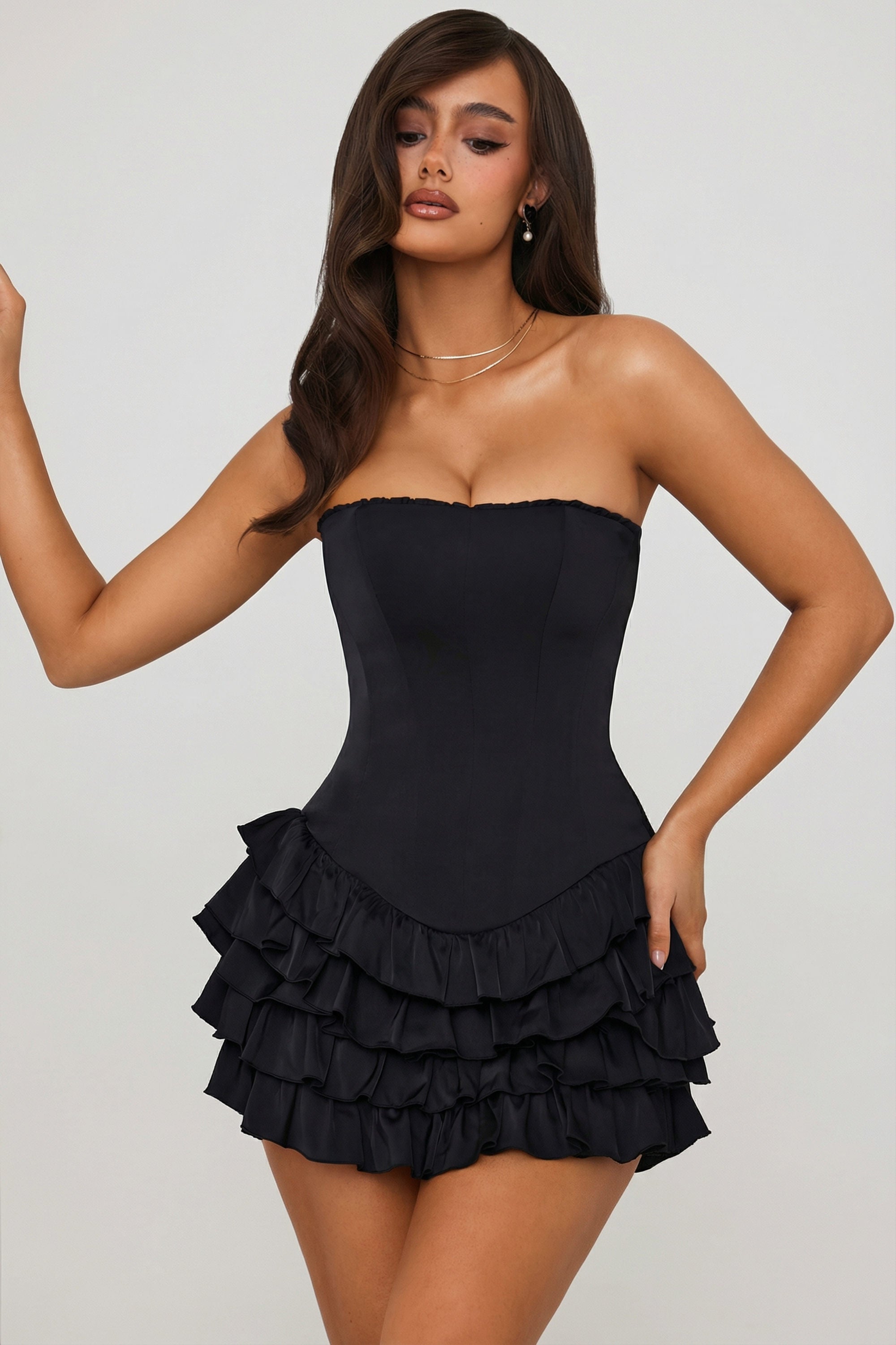 Bandeau Ruffled Tiered Corset Mini Dress in Black