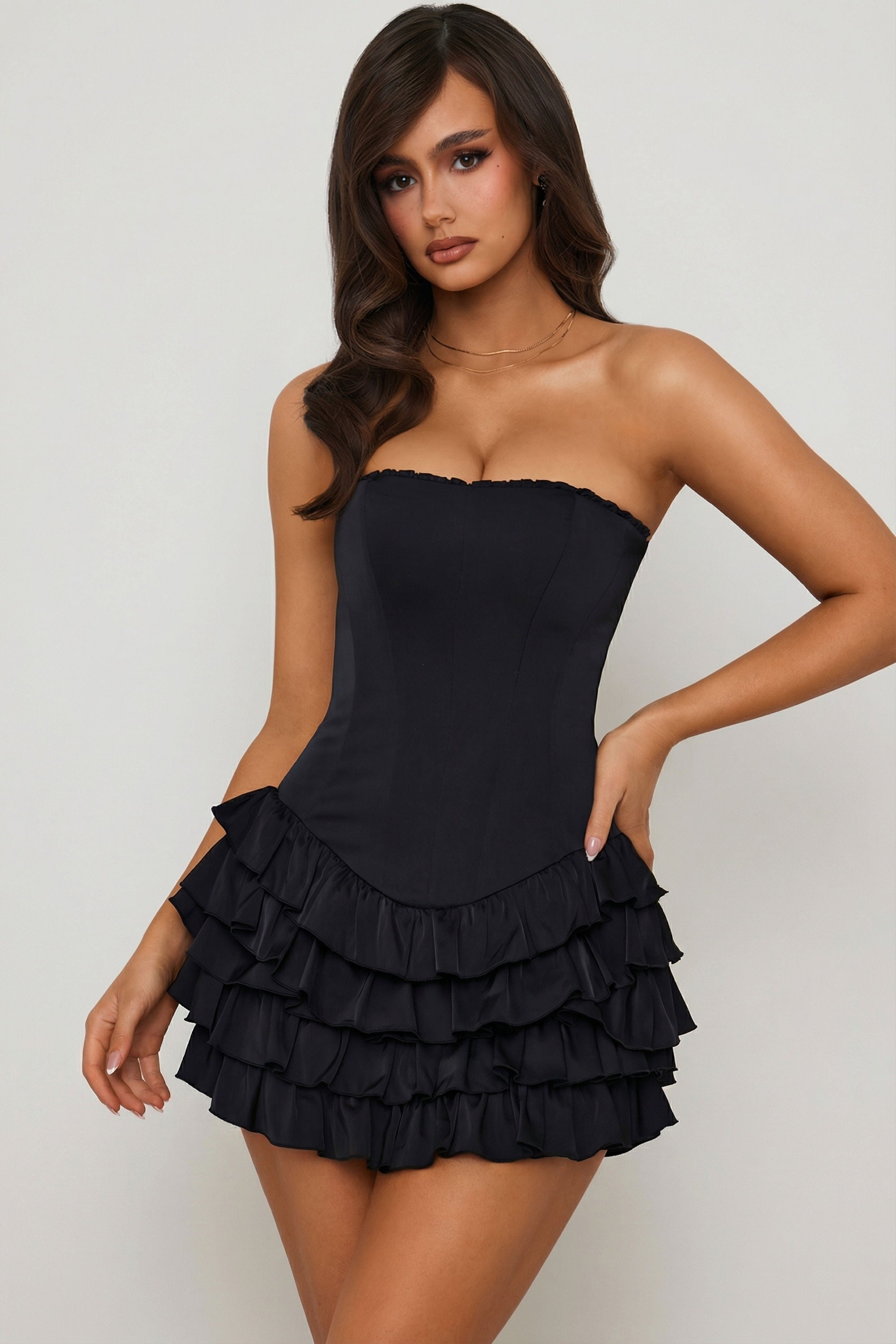 Bandeau Ruffled Tiered Corset Mini Dress in Black