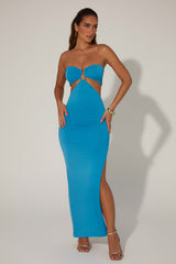 Ruched Hardware Detail Bandeau Floor Length Dress in Blue