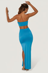 Ruched Hardware Detail Bandeau Floor Length Dress in Blue