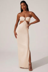 Ruched Hardware Detail Bandeau Floor Length Dress in Ivory