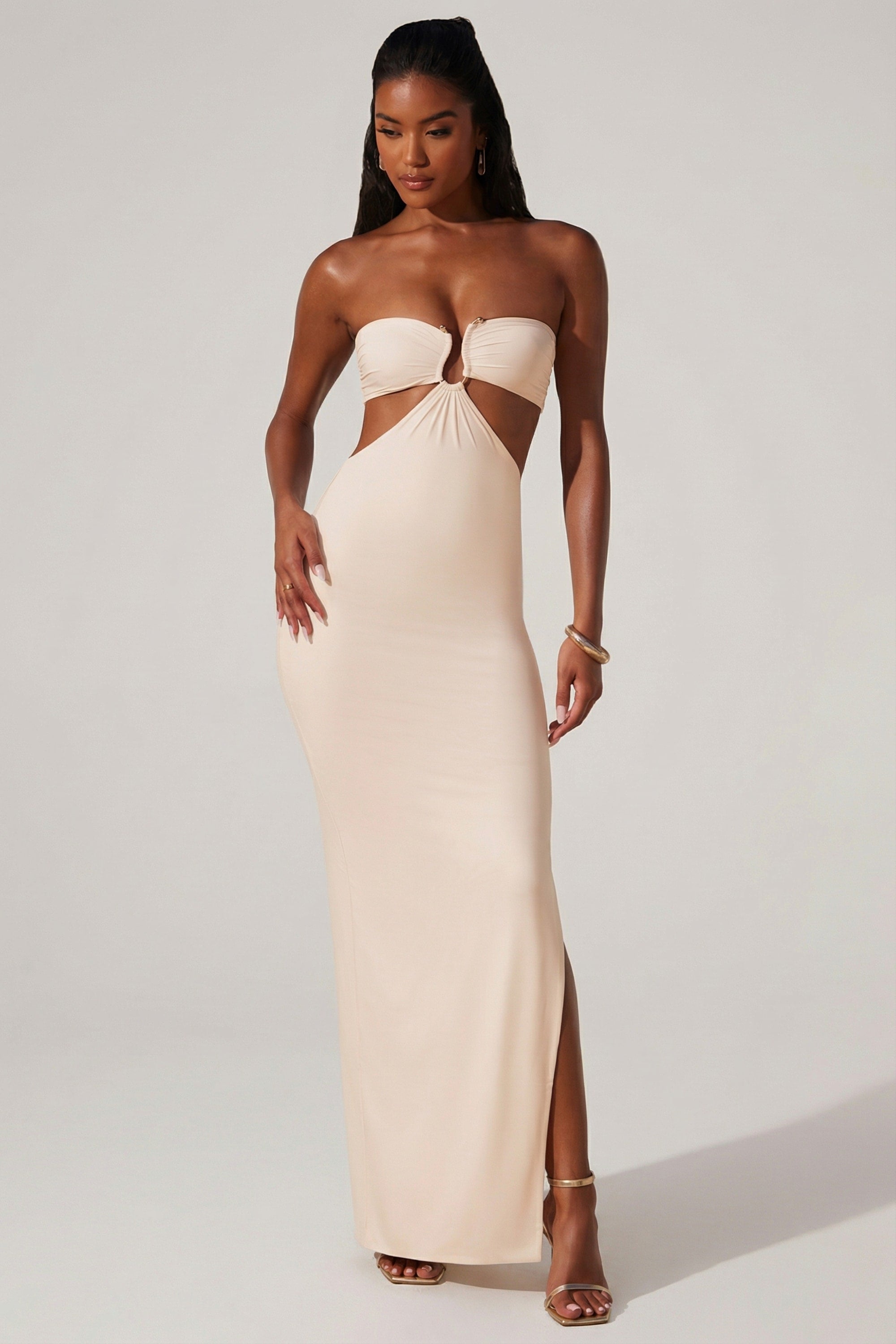 Ruched Hardware Detail Bandeau Floor Length Dress in Ivory