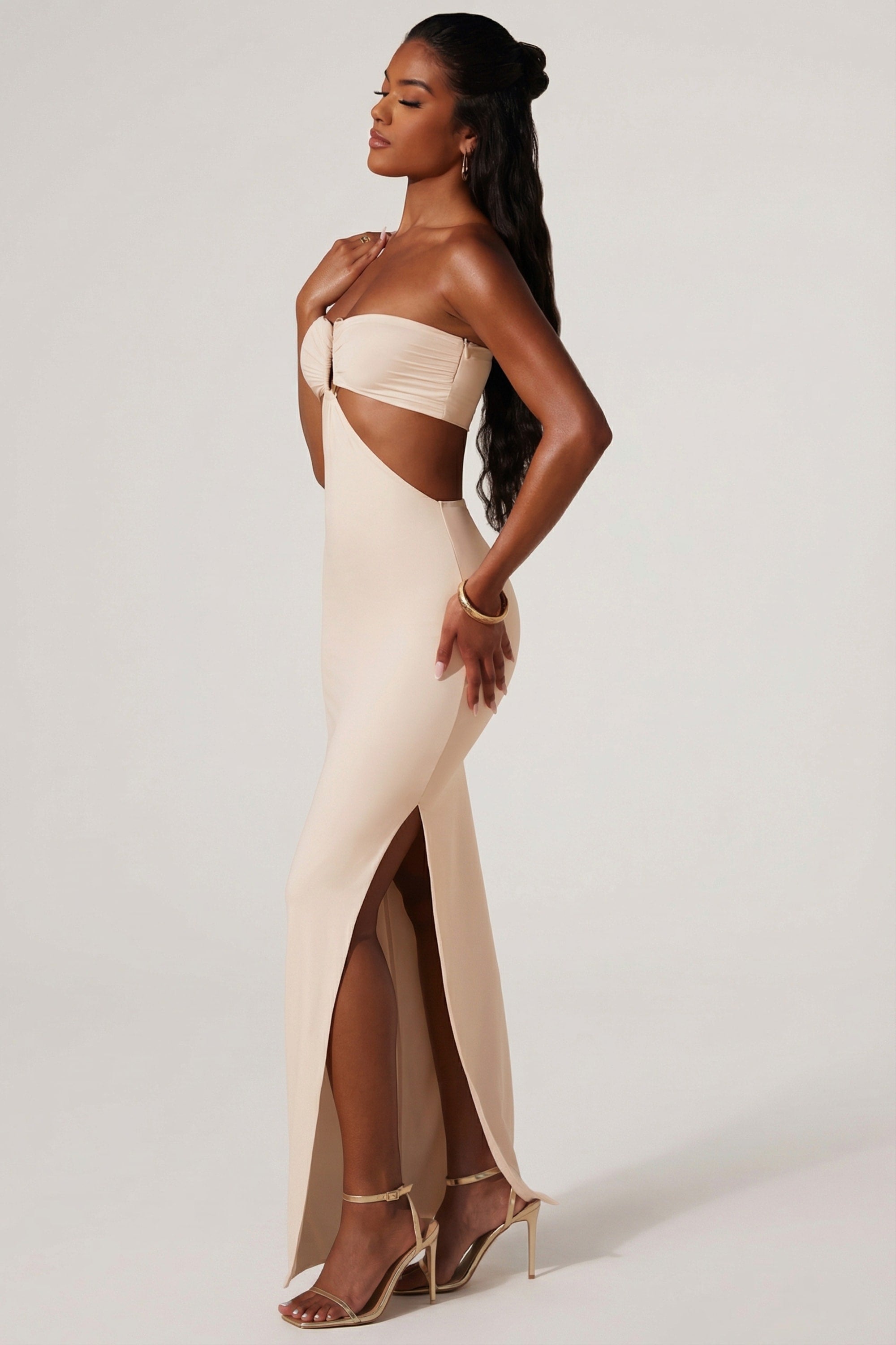 Ruched Hardware Detail Bandeau Floor Length Dress in Ivory