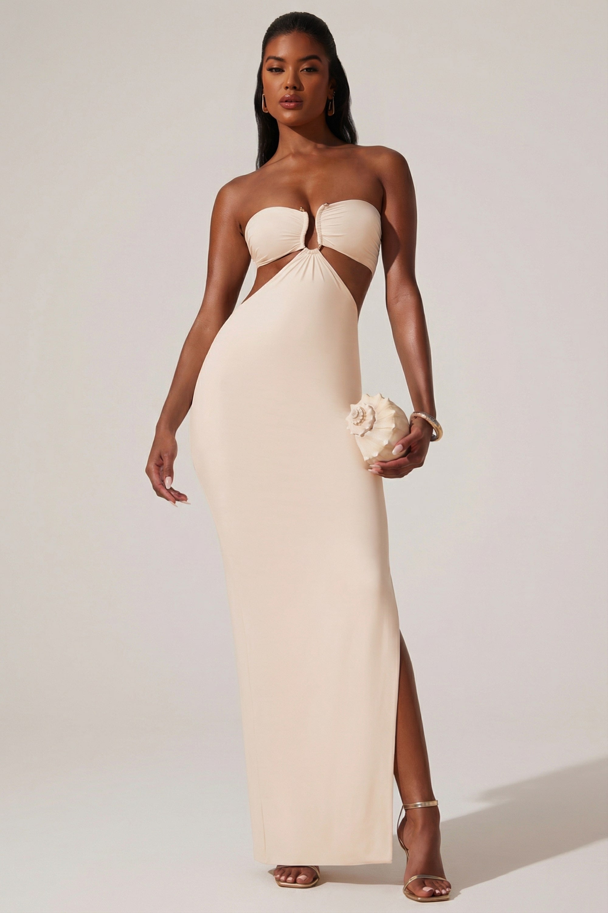 Ruched Hardware Detail Bandeau Floor Length Dress in Ivory