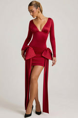 Bow-Detail Ruched Mini Dress in True Red