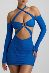 Off-Shoulder Ruched Cut-Out Mini Dress in Cobalt Blue