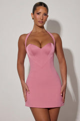 Heart-Detail Halterneck A-Line Mini Dress in Dusty Pink