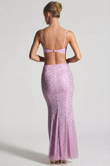 Embellished Cut-Out Fishtail Maxi Dress in Peony Pink