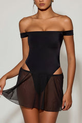 Off-Shoulder Layered Mini Dress in Black