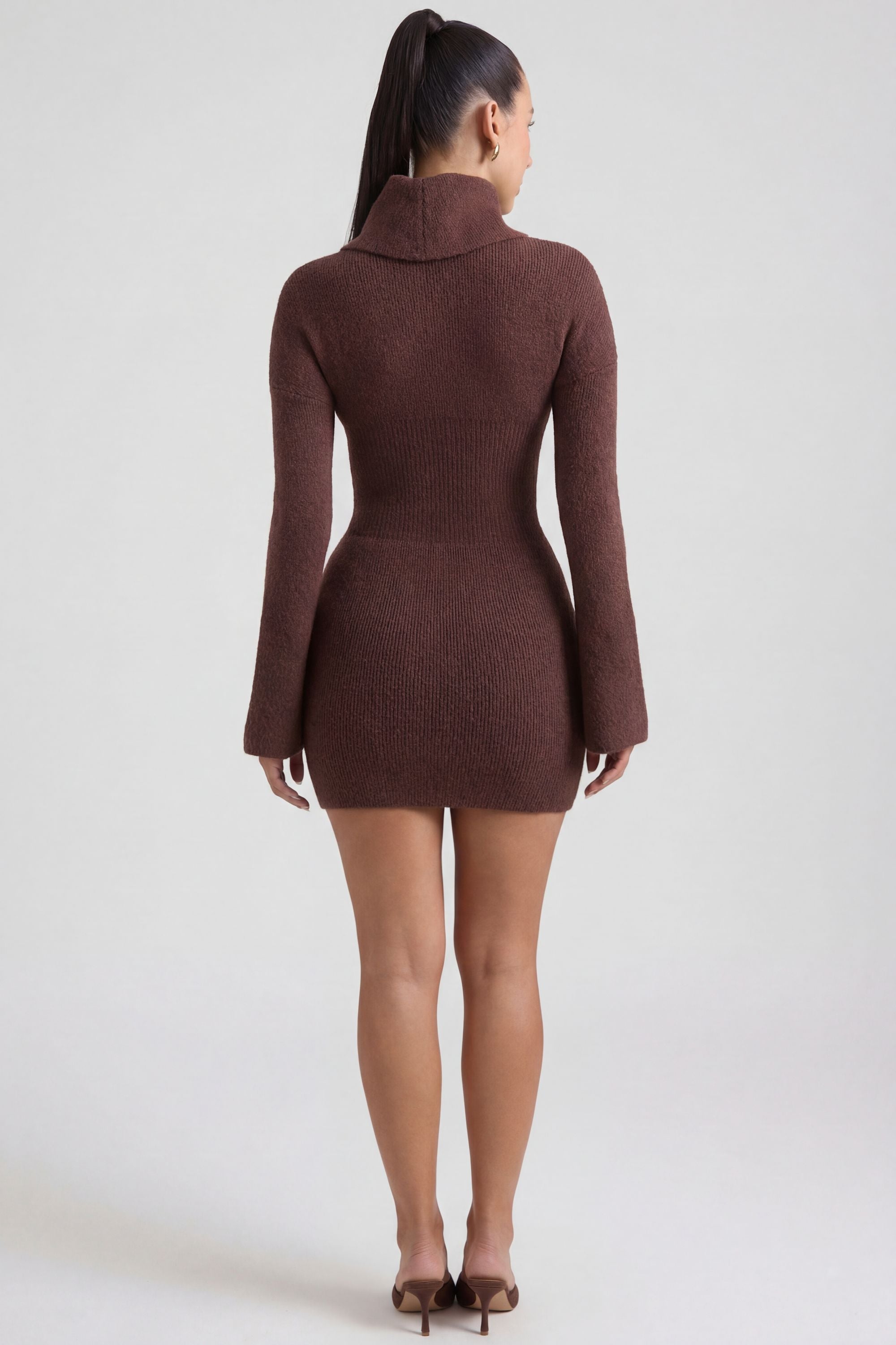 Ribbed-Knit Turtleneck Mini Jumper Dress in Espresso