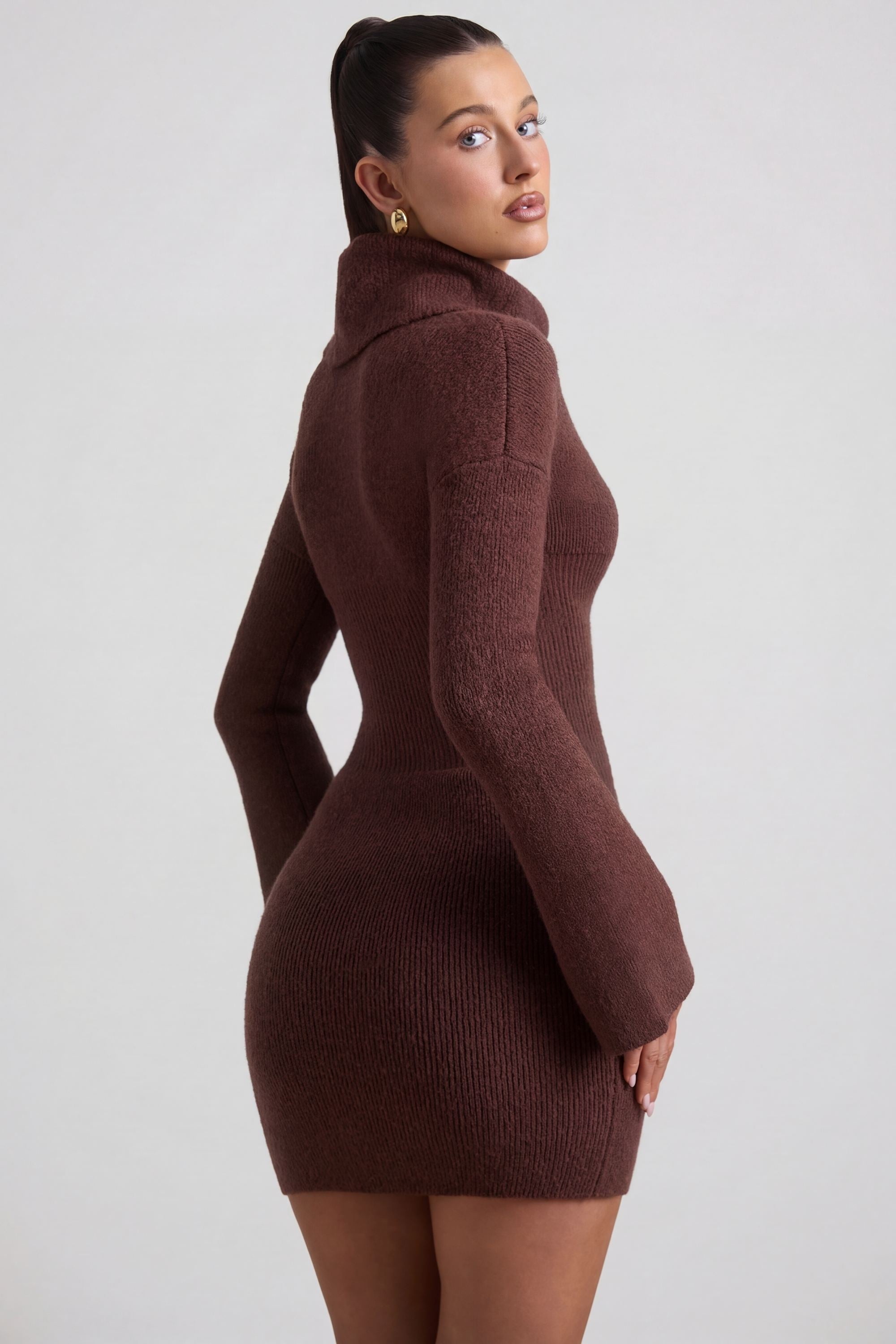 Ribbed-Knit Turtleneck Mini Jumper Dress in Espresso