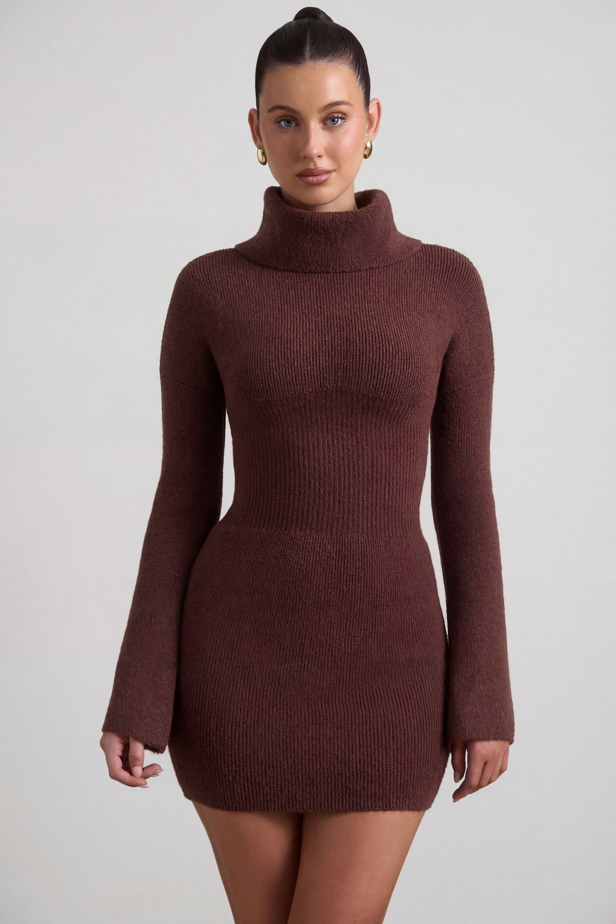 Ribbed-Knit Turtleneck Mini Jumper Dress in Espresso