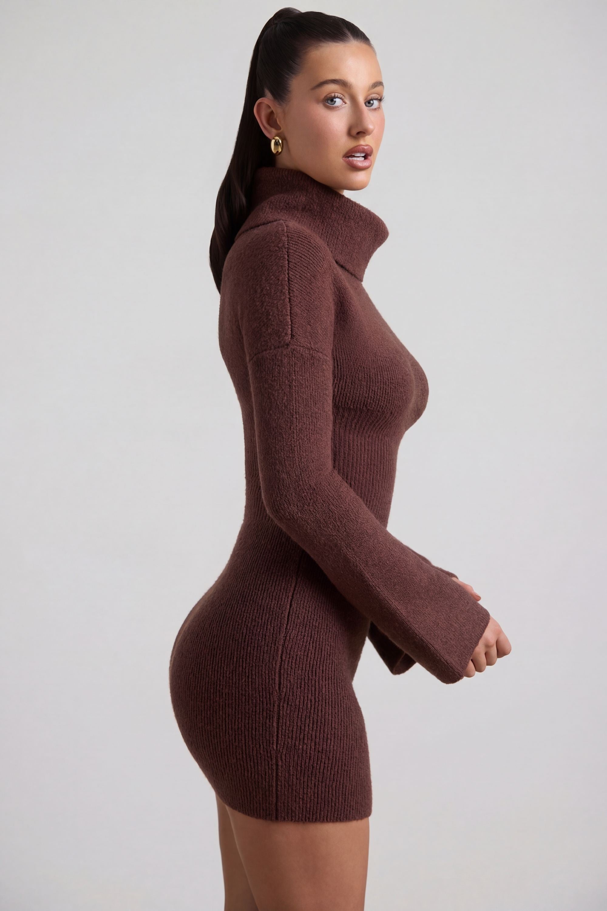 Ribbed-Knit Turtleneck Mini Jumper Dress in Espresso