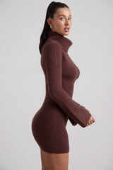 Ribbed-Knit Turtleneck Mini Jumper Dress in Espresso