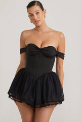 Off-Shoulder Layered Corset Micro Mini Dress in Black
